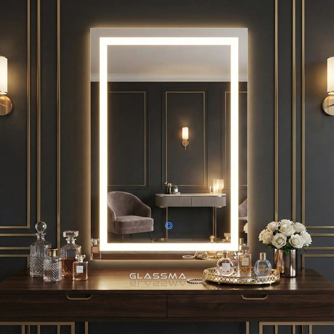 Rectangular LED Bathroom Mirror | Front & Backlit Wall Mounted Vanity Mirror with Dimmable Touch Sensor Glassma